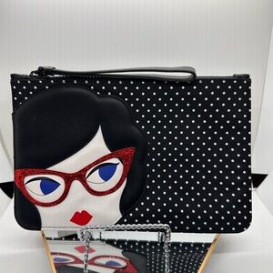 Lulu Guinness London Black Polka Dot Wristlet with Red Glitter Glasses